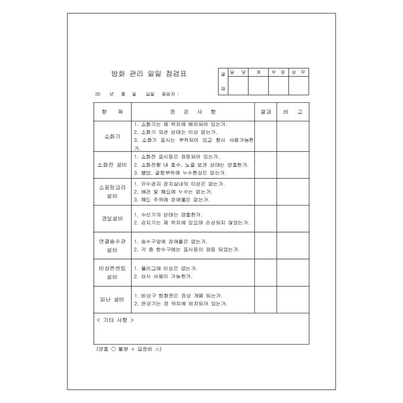 방화관리 일일 점검표/A4/단면/갱지